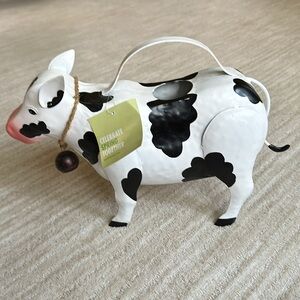 Tin Metal Painted Dairy Cow Watering Can Black & White with Handle 10" Tall